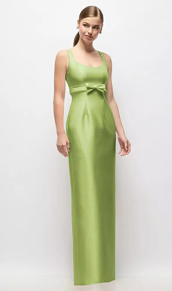 Scoop Neck Satin Column Maxi Dress with Bow at Empire Waist in Mojito | Dessy Group