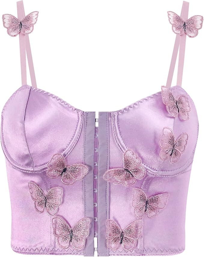 Testudineus Women Silky Satin Front Push Up Bustier Chic Butterfly Applique Corset Bra Vest Tight... | Amazon (US)