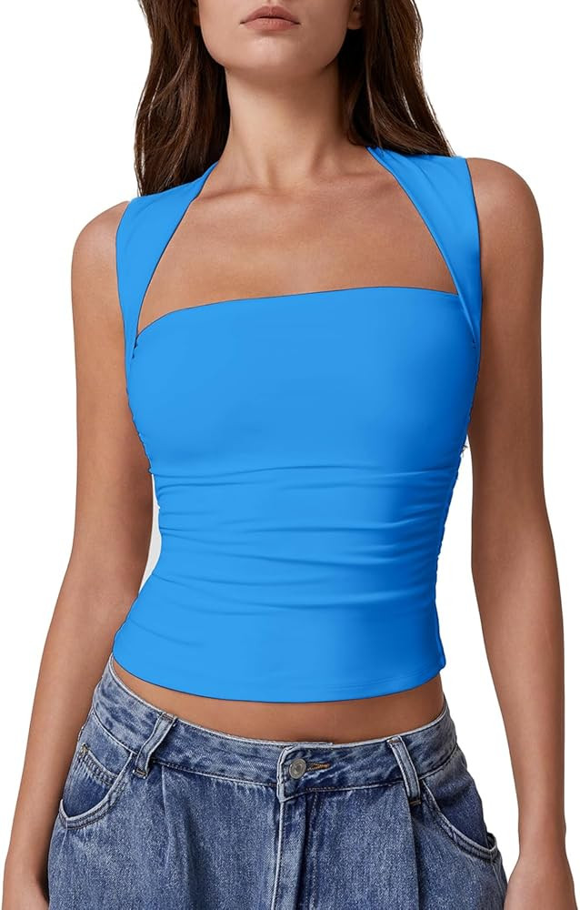 QINSEN Womens Square Neck Tank Tops Side Ruched Double Lined Slim Fit Summer Going Out Crop Top | Amazon (US)