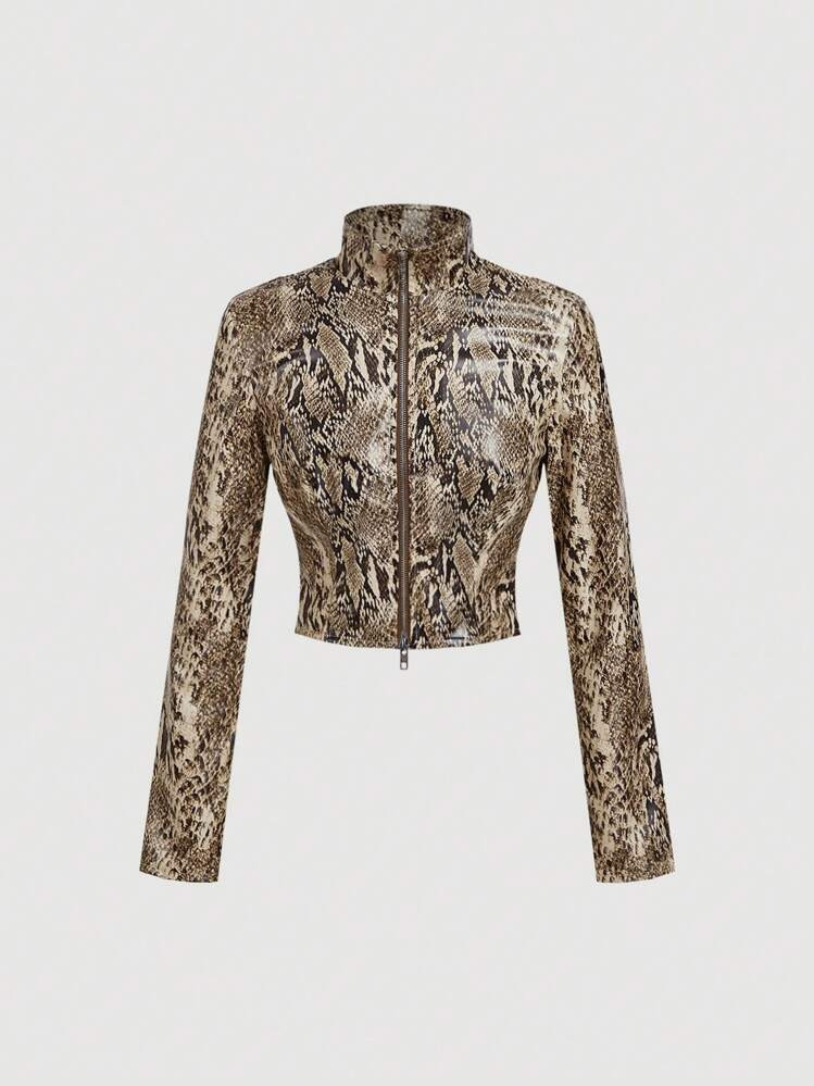 SHEIN MOD Khaki Snake Skin Print Motorcycle Stand Collar Zipper Jacket, Retro Western Style | SHEIN