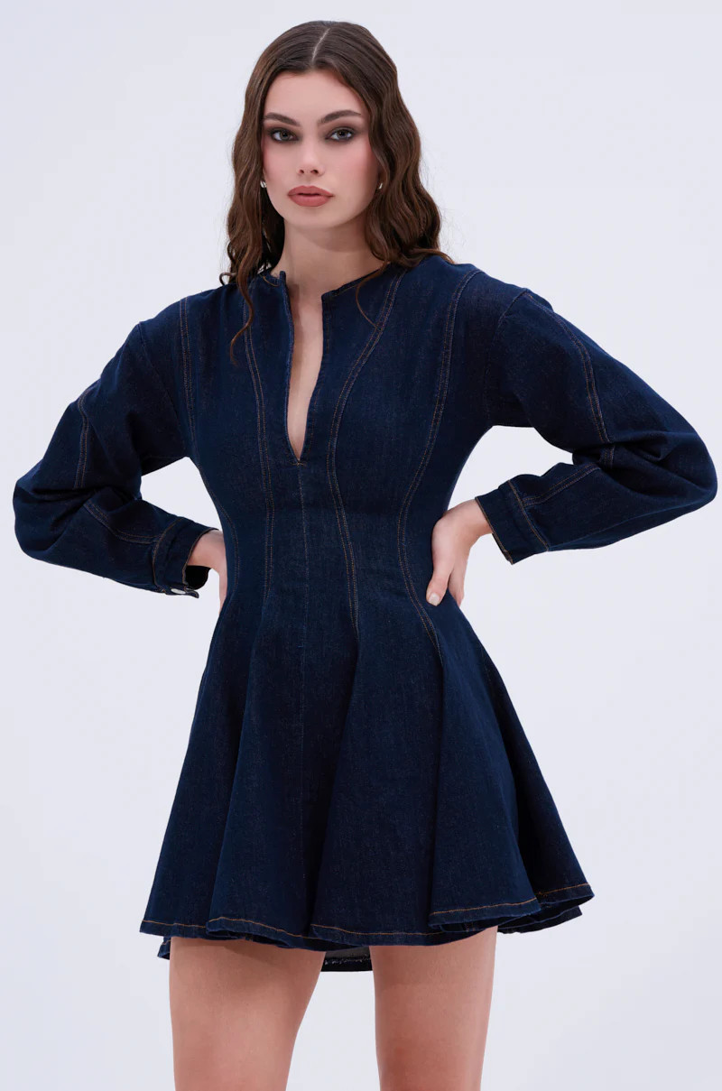 ALL ABOUT MY BUSINESS DENIM MINI DRESS IN DARK BLUE | AKIRA