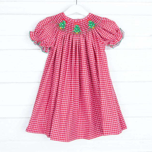 Smocked Christmas Tree Red Windowpane Bishop Dress | Classic Whimsy