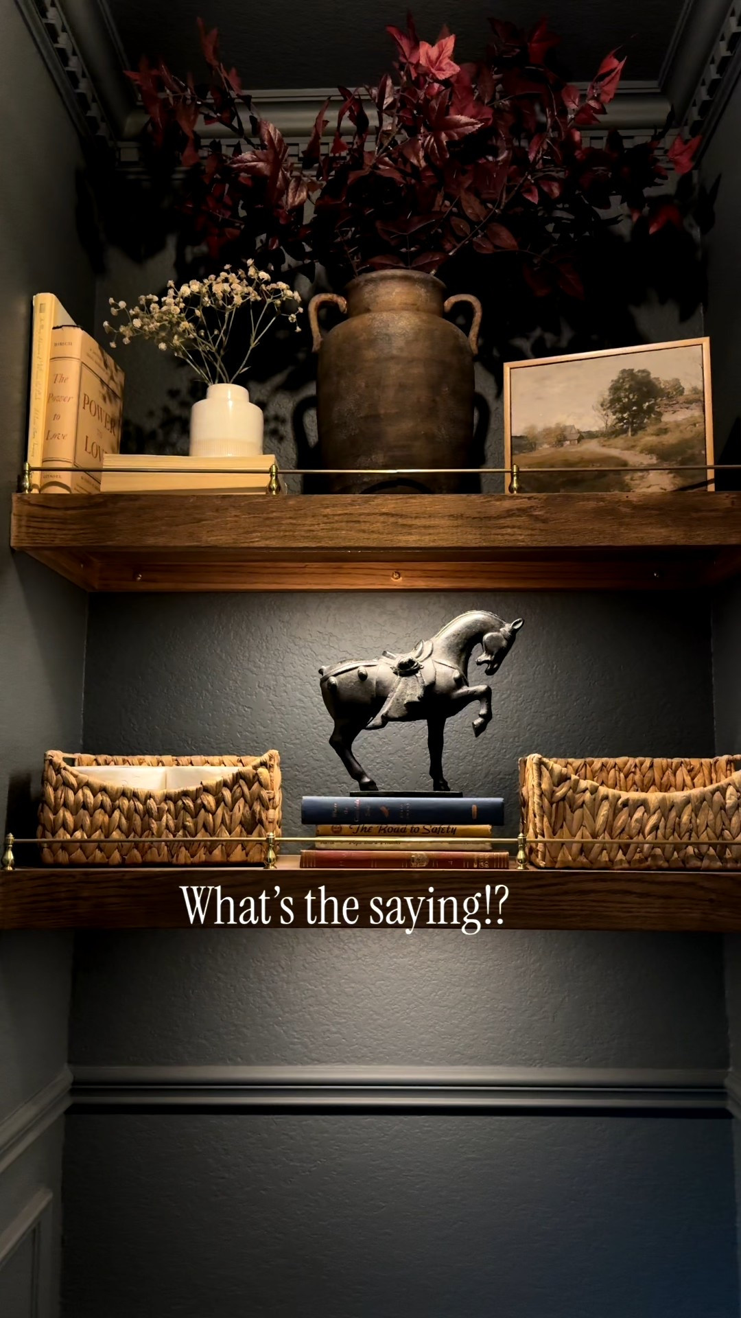 Moody colors, interior design, wood shelves, gold railings, gallery railings, picture frames, side table, accent table, wall paint, picture lighting, bedding, door hardware, curtains, vase, throw pillows

#LTKHome #LTKFindsUnder100 #LTKHoliday