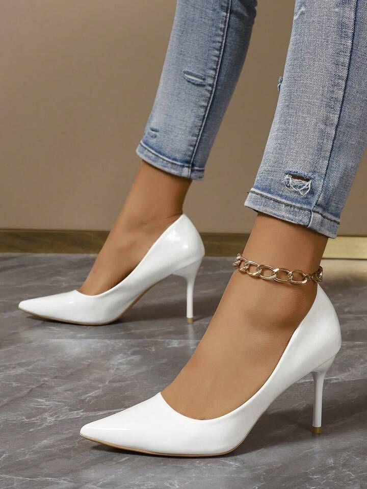 Damen Modische High-heeled Patent Leder Spitzschuh Schuhe Mit Dünnen Absätzen, Weiß | SHEIN