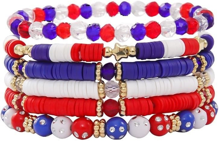 4th of July Heishi Bead Stretch Bracelets for Women Girls American Patriotic Bangle Gold Red Whit... | Amazon (US)