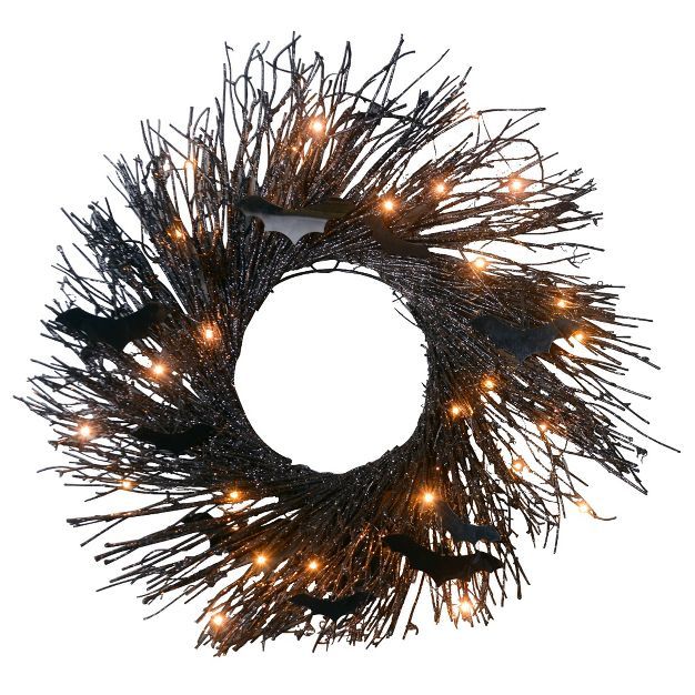 Northlight 22" Pre-Lit Rattan Halloween Twig Wreath with Bats - Warm White Lights | Target