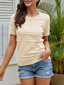 Foshow Womens Puff Short Sleeve Sweaters Tops Summer Soft Crew Neck Dot Pullover Shirt Lightweigh... | Amazon (US)