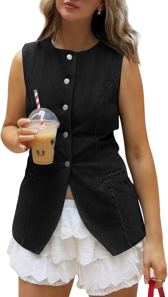 Cicy Bell Chaleco de mezclilla con cuello redondo para mujer, chaleco de verano con botones y sin... | Amazon (US)