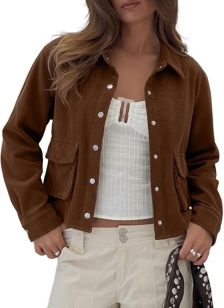 Beaully Womens Corduroy Cropped Shacket Jacket Short Button Down Long Sleeve 2026 Spring Outwear ... | Amazon (US)