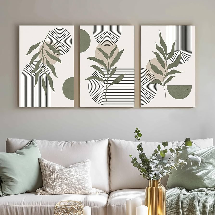 Zessonic Sage Green Boho Wall Art Abstract Canvas, Large Bohemian Minimalist Leaf Geometric Sun L... | Amazon (US)