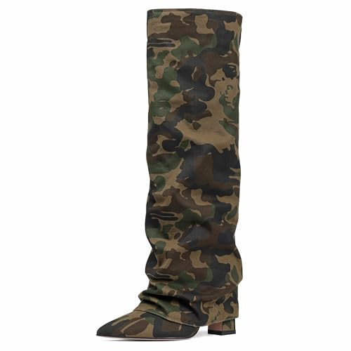 SaraIris Women's Camouflage Knee High Boots Wide Calf Chunky Fold Over Slouchy Pointy Toe Comfy Shark Boots | Amazon (US)