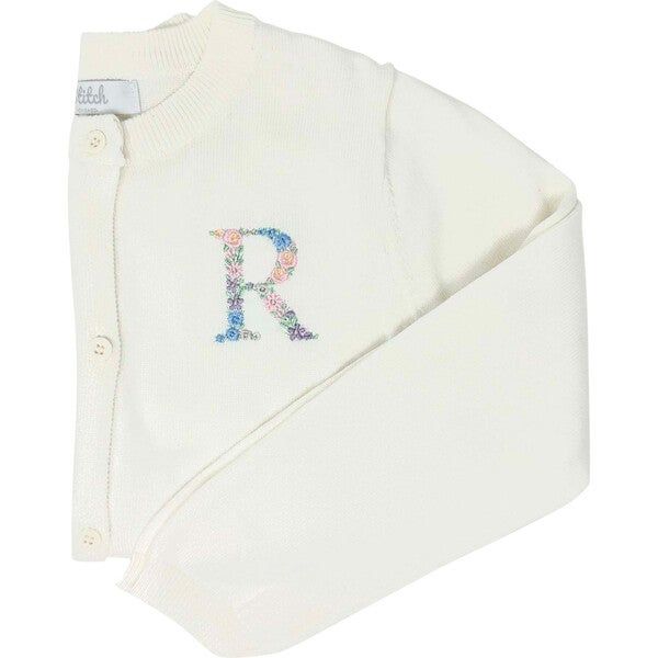 Custom Embroidered Cardigan With Floral Initial, Cream - Stitch Monograms Exclusives | Maisonette | Maisonette