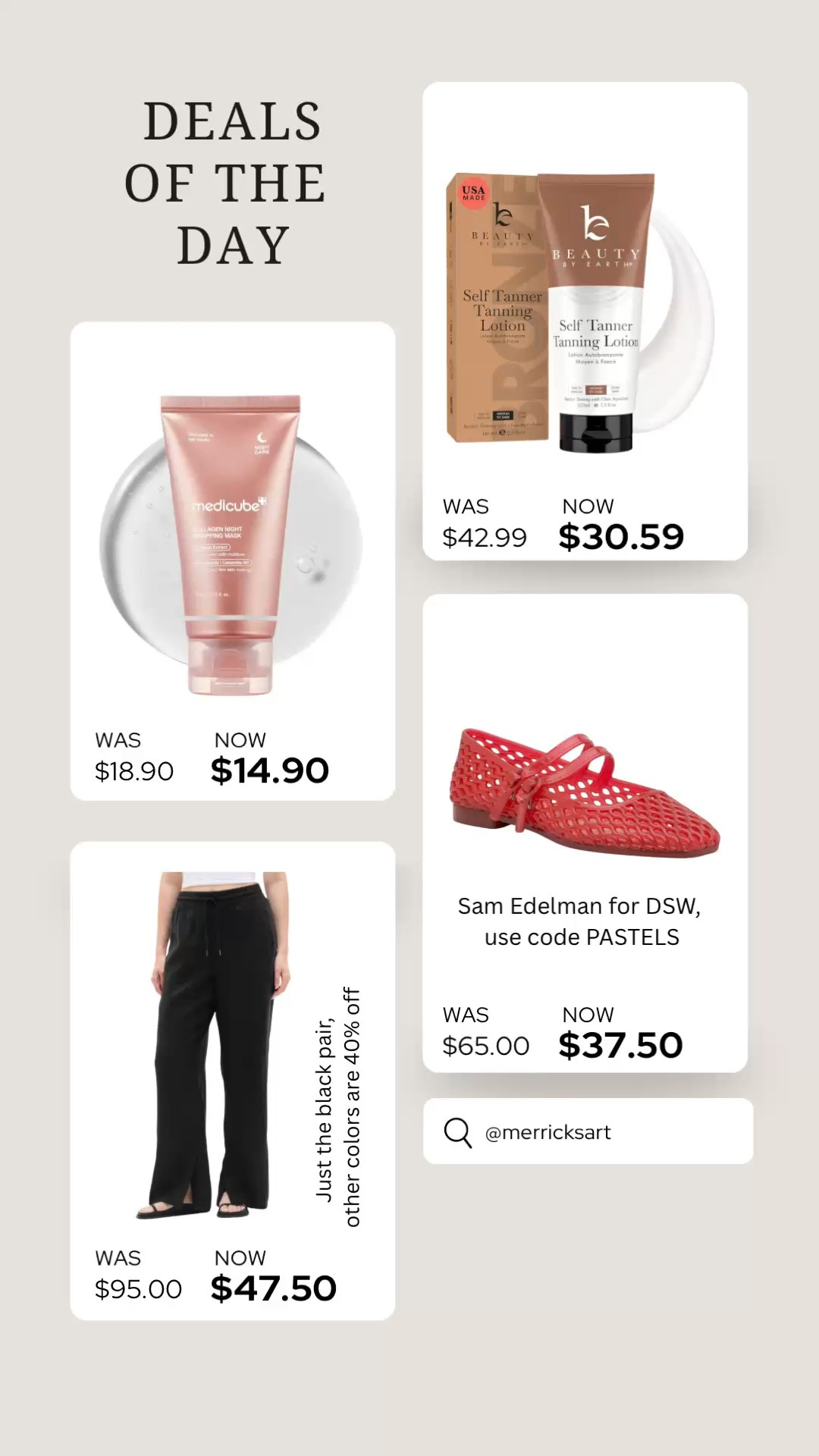 The face mask gives you glass skin, self tanner lotion that gives you a gradual glow throughout the day, our favorite linen pants are 50% off, and these cute jelly flats are trending! ￼