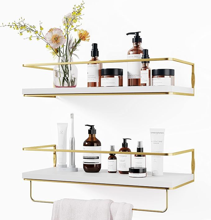 White Floating Shelves Set of 2, Bathroom Shelves Wall Mounted with Towel Bar, Gold Shelves for B... | Amazon (US)