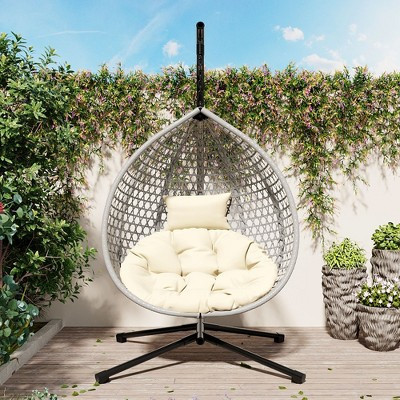 GDFStudio Anderson Hanging Egg Rattan Chair with Stand and Soft Removable Cushion, Gray/Beige | Target