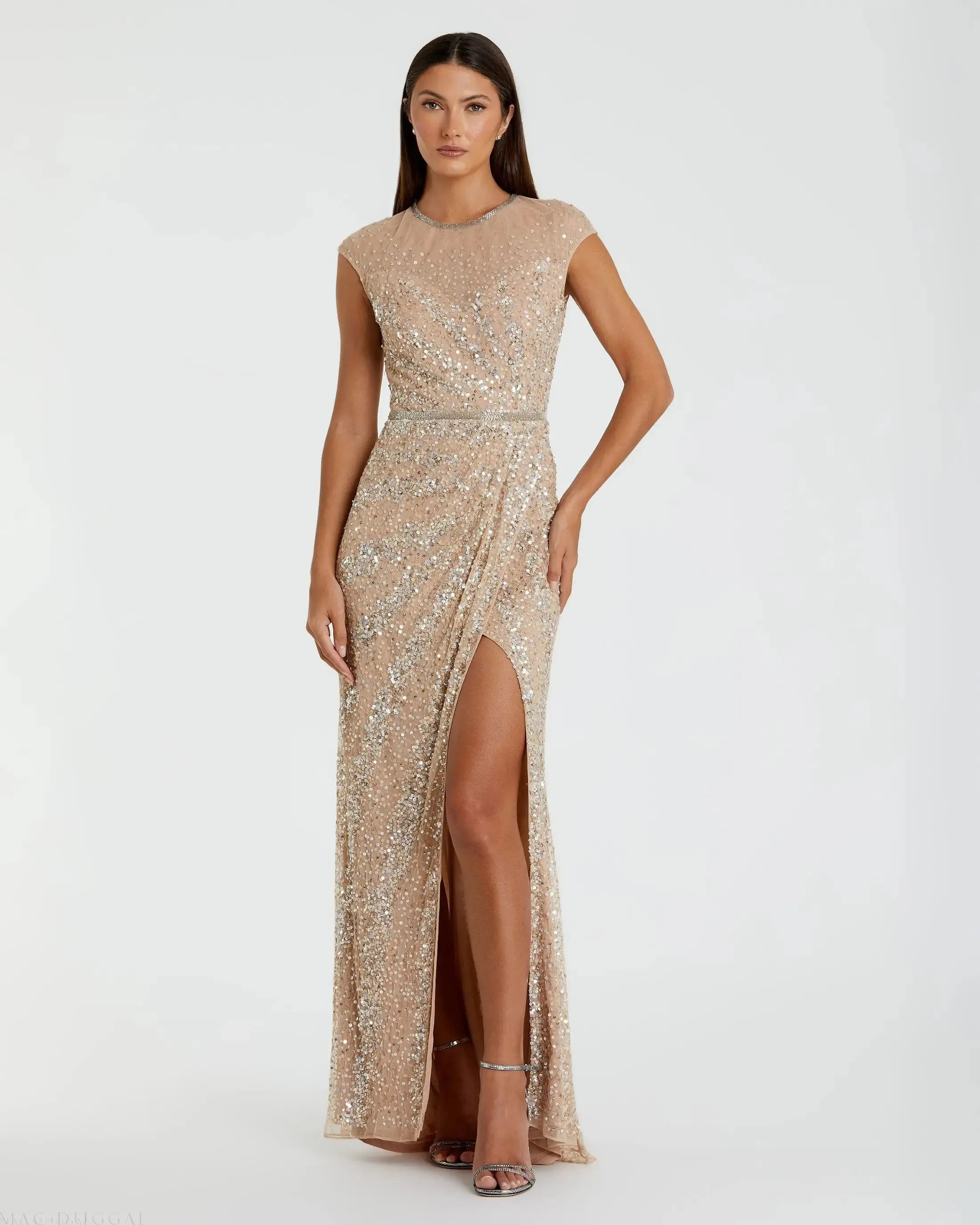 Beige Embellished Illusion High Neck Cap Sleeve Gown - Mac Duggal | Mac Duggal
