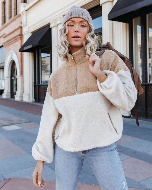 Discovering The World Sherpa Pocketed Half Zip Pullover Sweater - Ivory | VICI Collection