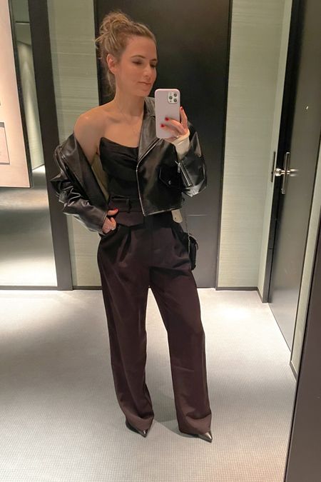 a fun winter date night outfit idea: corset, a cropped faux leather moto jacket, and pleated black pants ❄️ wore this for a date night in Tokyo ❤️

#LTKtravel #LTKstyletip #LTKSeasonal