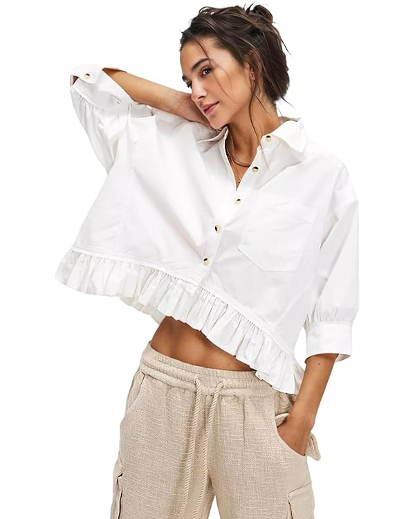 InterNos Womens Striped 3/4 Sleeve Blouse Loose V Neck Button Down Ruffled Hem Vertical Shirt Top... | Amazon (US)