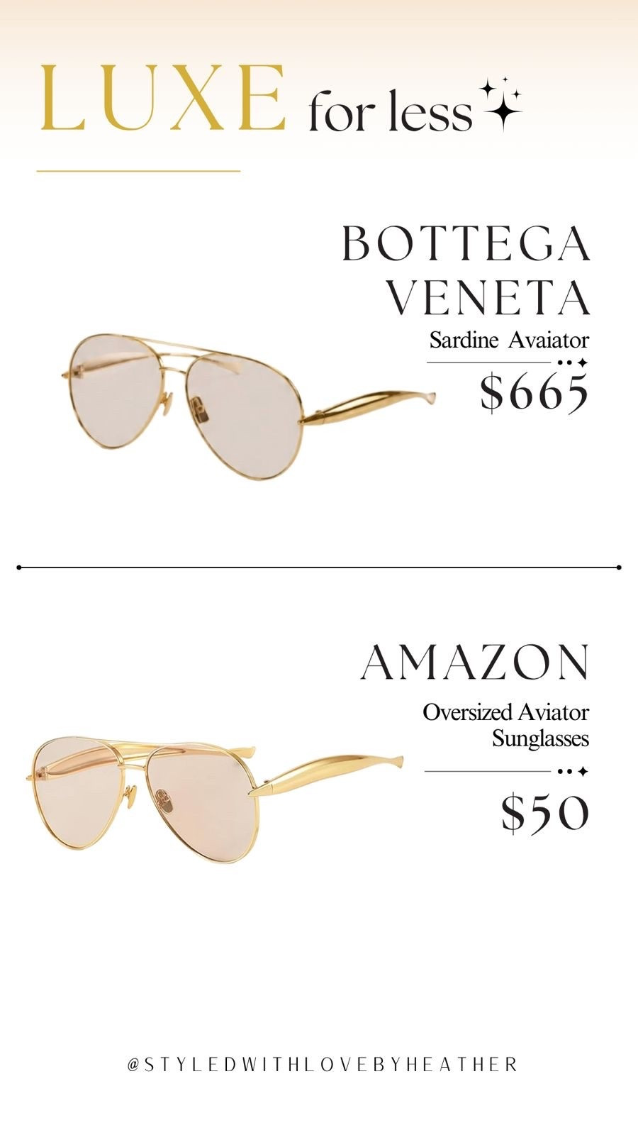 Luxury vibes without the luxury price tag? Yes, please. 🤍

This designer-inspired aviator look gives the same elevated, effortless aesthetic for a fraction of the price. Why spend $665 when you can get the look for $50?

I'm all about finding pieces that look expensive without the splurge. ✨

 

 #LTKootd #LTKstorytime #LTKvlog