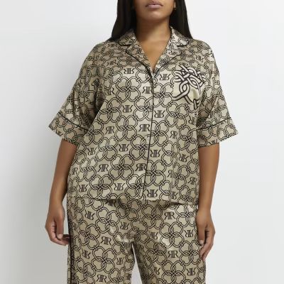 Plus beige RI monogram print pyjama shirt | River Island (UK & IE)