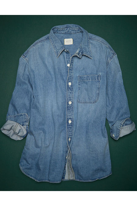AE77 Premium Denim Boyfriend Shirt NULL Light Wash S | American Eagle Outfitters (US & CA)