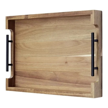 TROPOW Acacia Wood Serving Tray with Metal Handles, 17x12 Inch Decorative Ottoman Tray for Coffee Table, Breakfast in Bed Tray, Multipurpose Serving Tray for Living Room, Kitchen, Bar | Walmart (US)