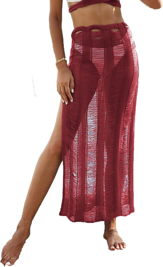 Beach Swimsuit Cover Up for Women High-Waist Sheer Cutout Side Slit Mesh Maxi Skirt Sexy Sarong W... | Amazon (US)