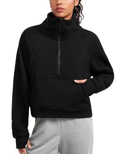 CRZ YOGA Womens Fleece Lined Half Zipper Sweatshirts Funnel Neck Long Sleeve Oversized Pullover Hoodies with Thumb Holes Black Small | Amazon (US)