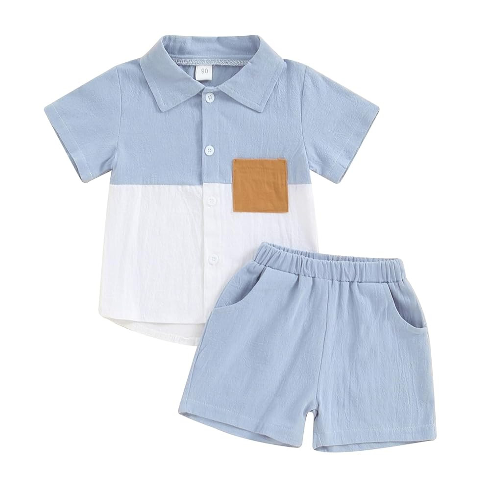 fhutpw Toddler Boy Patchwork Summer Outfits Short Sleeve Button Down Shirt Tops & Casual Shorts S... | Amazon (US)