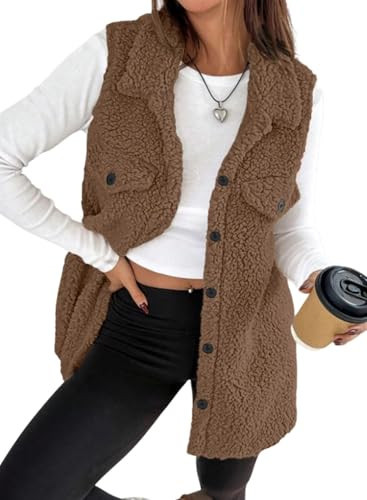 EVALESS Fleece Vest for Women Fall Outfits 2025 Sleeveless Vest for Women Lightweight Winter Clothing Fleece Jackets Long Winter Outwear Trendy 2025 Long Sleeve Button Down Fur Coat, Brown Large | Amazon (US)