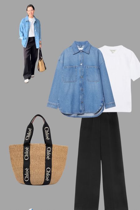 Day 2 of white tee shirt looks. Adding sambas to wide leg black trousers, then a denim oversized shirt and a straw bag