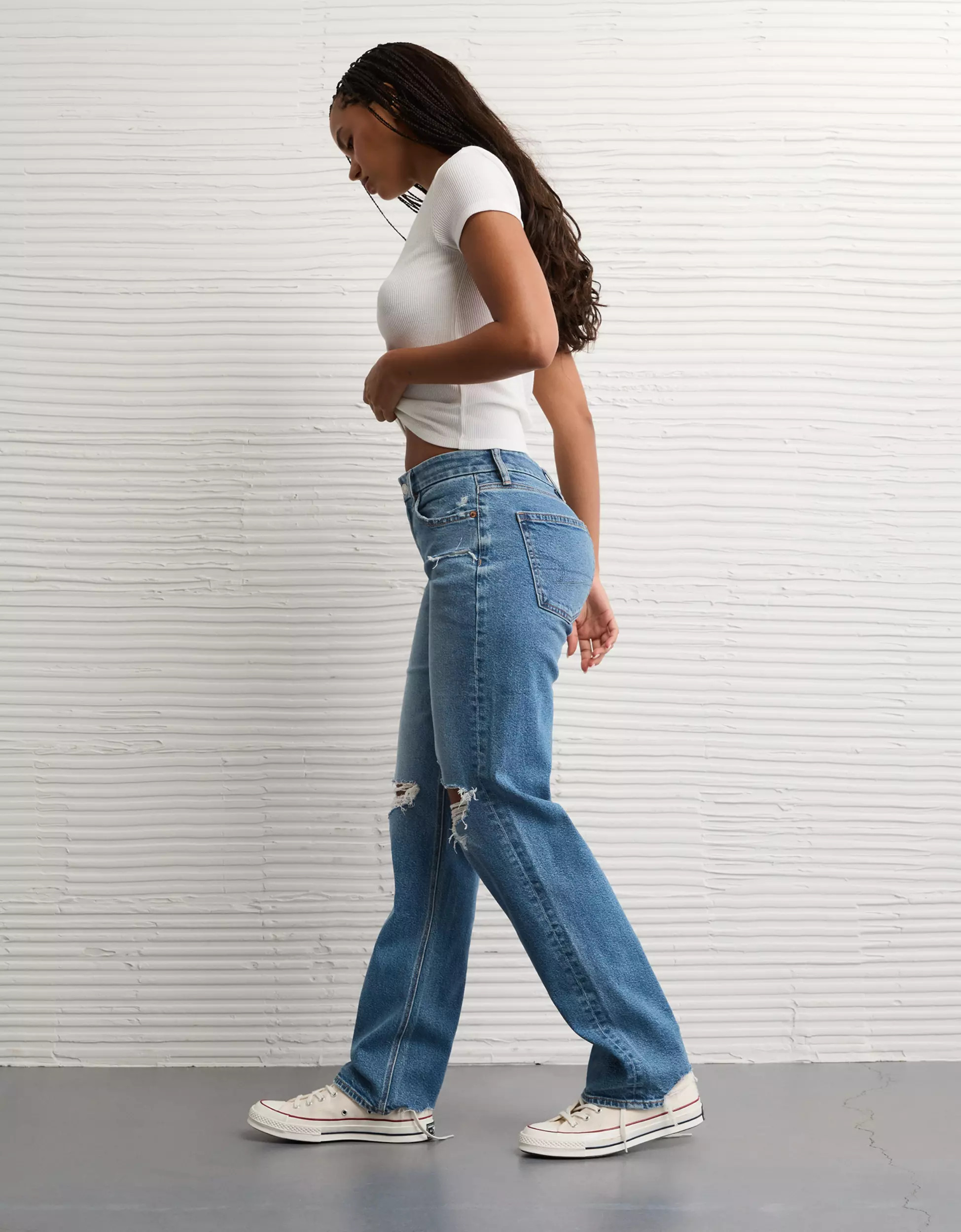 AE Stretch Curvy Ripped Straight Jean | American Eagle Outfitters (US & CA)