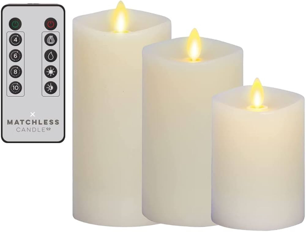Matchless Candle Co. 3 pc Set - Flameless LED Candle Flickering Flame - Melted Top Smooth Finish Real Wax Vanilla Honey Scented, Battery Operated, Timer with 10-Button Remote Control - Ivory | Amazon (US)