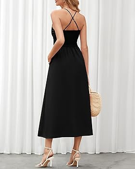 BTFBM Women 2025 Summer Spaghetti Strap Midi Dress Sleeveless V Neck Cutout Slit Casual Beach Par... | Amazon (US)