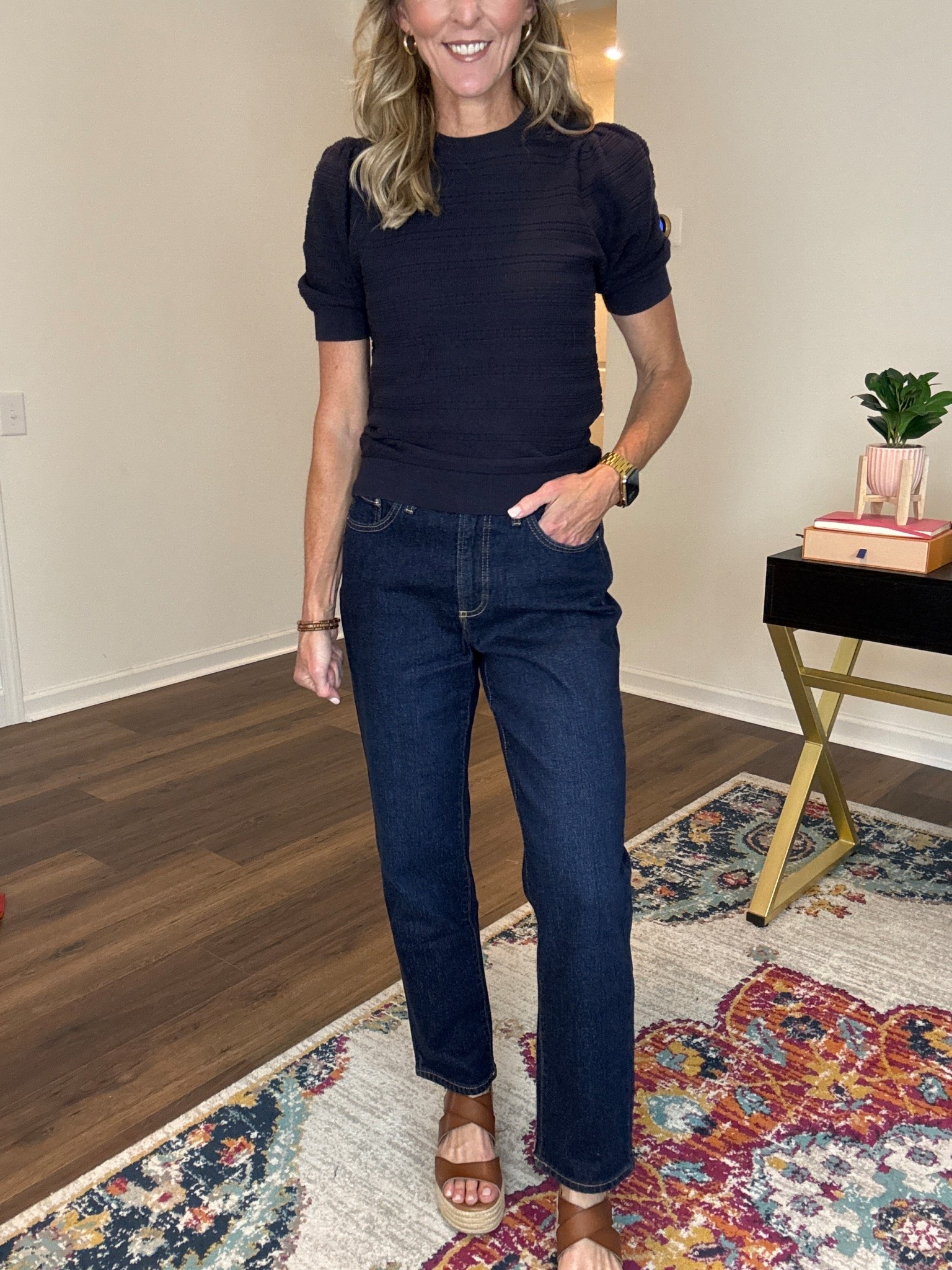 Mid rise slim leg ankle jeans, $26. These are a classic midrise jeans designed to to flatter and looks good on everybody. They embrace your natural fit with a comfort slim fit. Stop right at the angles that you can show off your favorite shoe crush.  The perfect jeans for teaching very professional- go with your normal size. 

Teacher, gene teacher, outfits teacher style