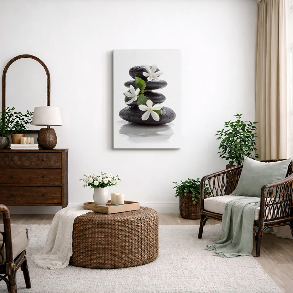 Zen Stones "Basalt with Calming Plumeria Flowers Artwork, Relaxing Spa Bathroom Pictures, Extra L... | Wayfair North America