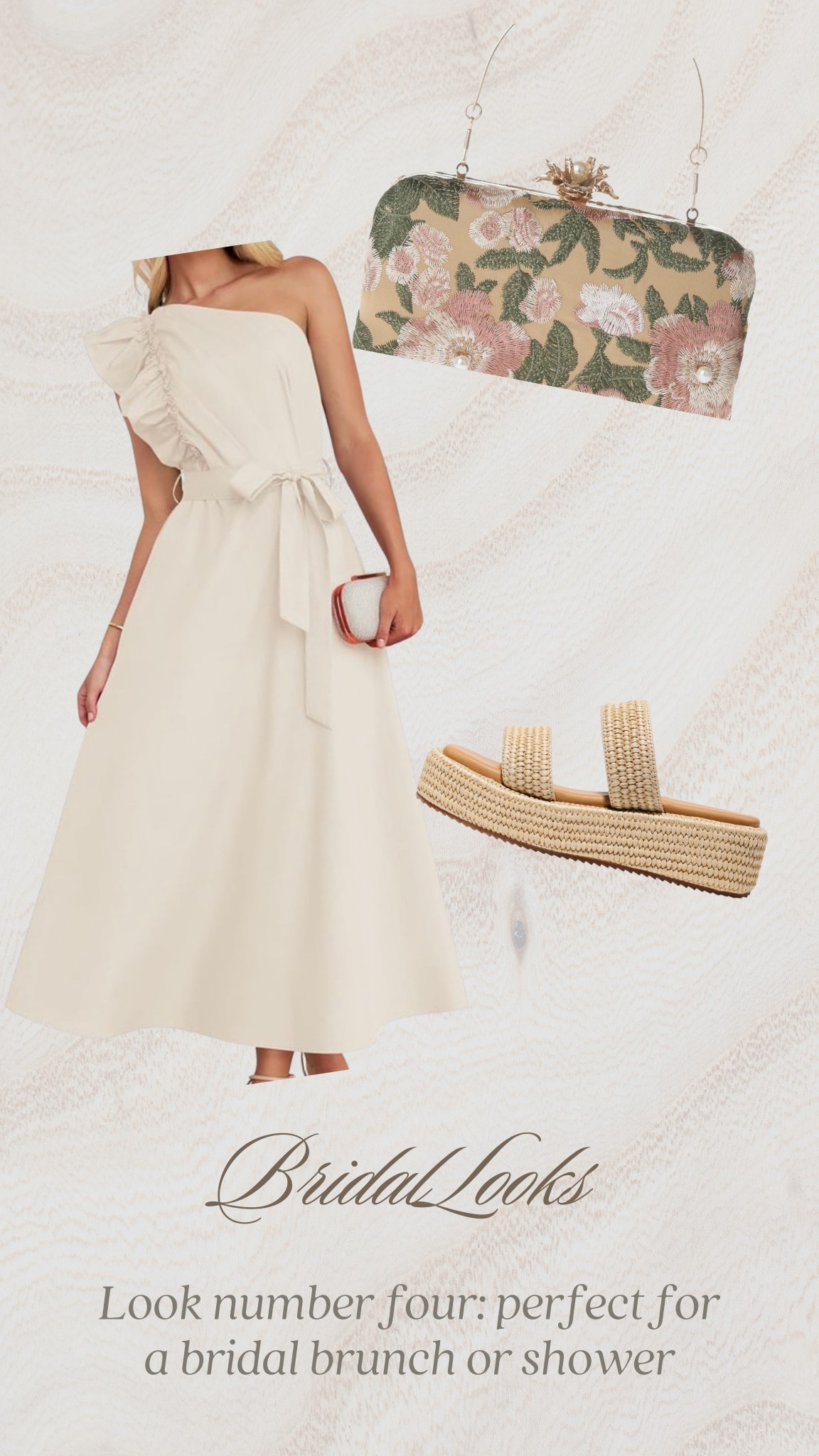 Classic bridal brunch style with a preppy twist 🌿
This one-shoulder white dress styled with a neutral floral clutch and rattan wedges is perfect for a bridal shower outfit, bridal brunch look, or spring bridal event. Effortless, elegant, and timeless! 

#LTKFindsUnder100 #LTKWedding #LTKSaleAlert