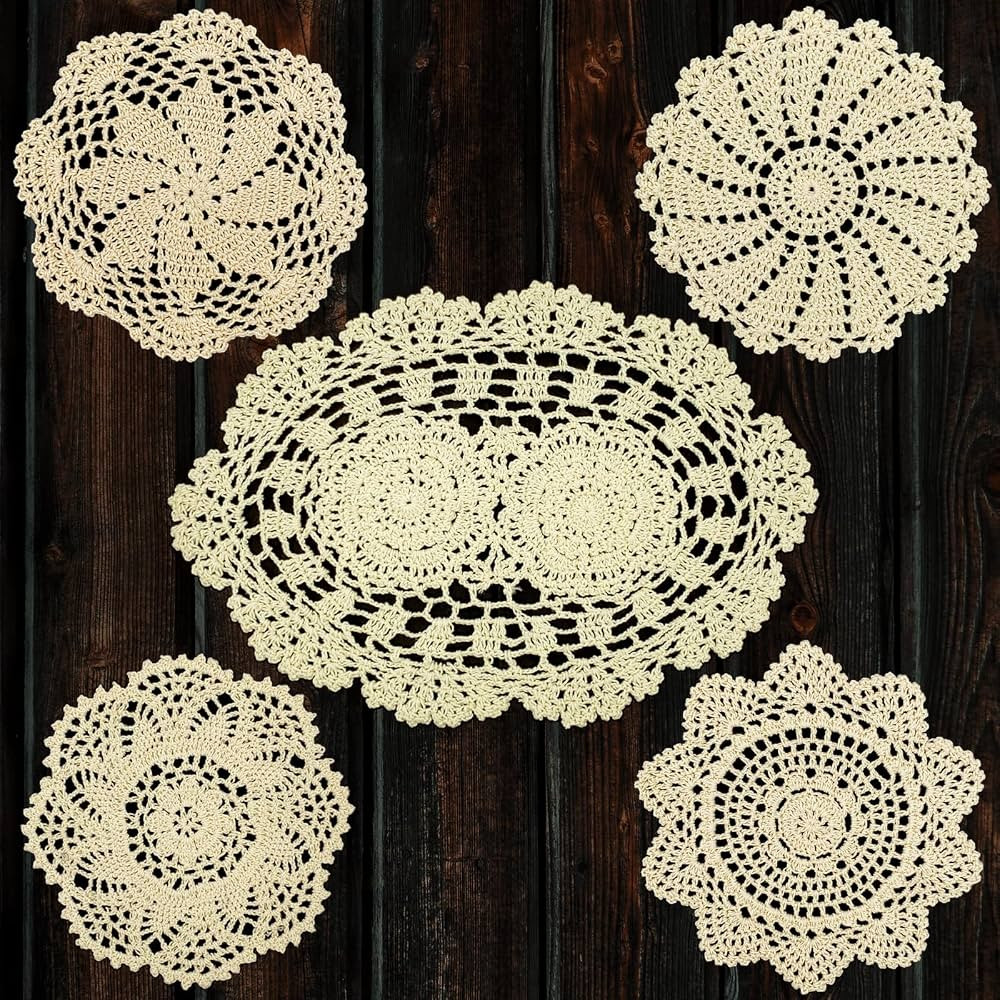 5 Piece 7 to 14 Inch Handmade Crochet Cotton Lace Doilies for Table, Beige | Amazon (US)