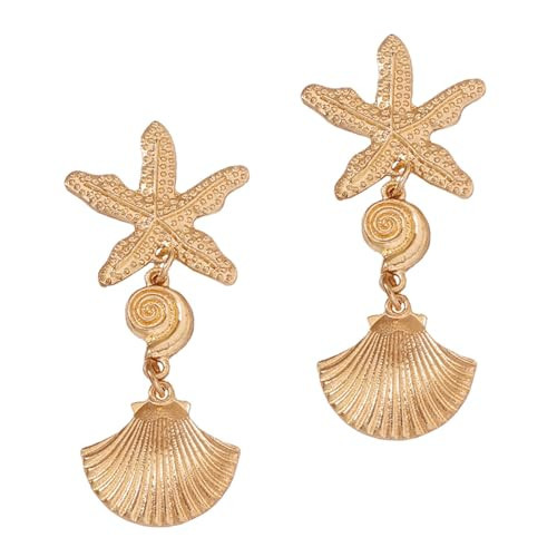 Gold Starfish Earrings for Women Trendy, Big Starfish Drop Dangle 14K Gold Stud Earrings Exquisite Seashell Earrings Holiday Beach Ocean Jewelry Gifts (Starfish-Shell-Gold) | Amazon (US)