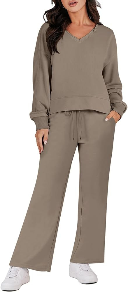 LOGENE 2 Piece Outfits Lounge Jogger Set 2023 Fall Fashion Matching Sets Crop Top and Wide Leg Pa... | Amazon (US)