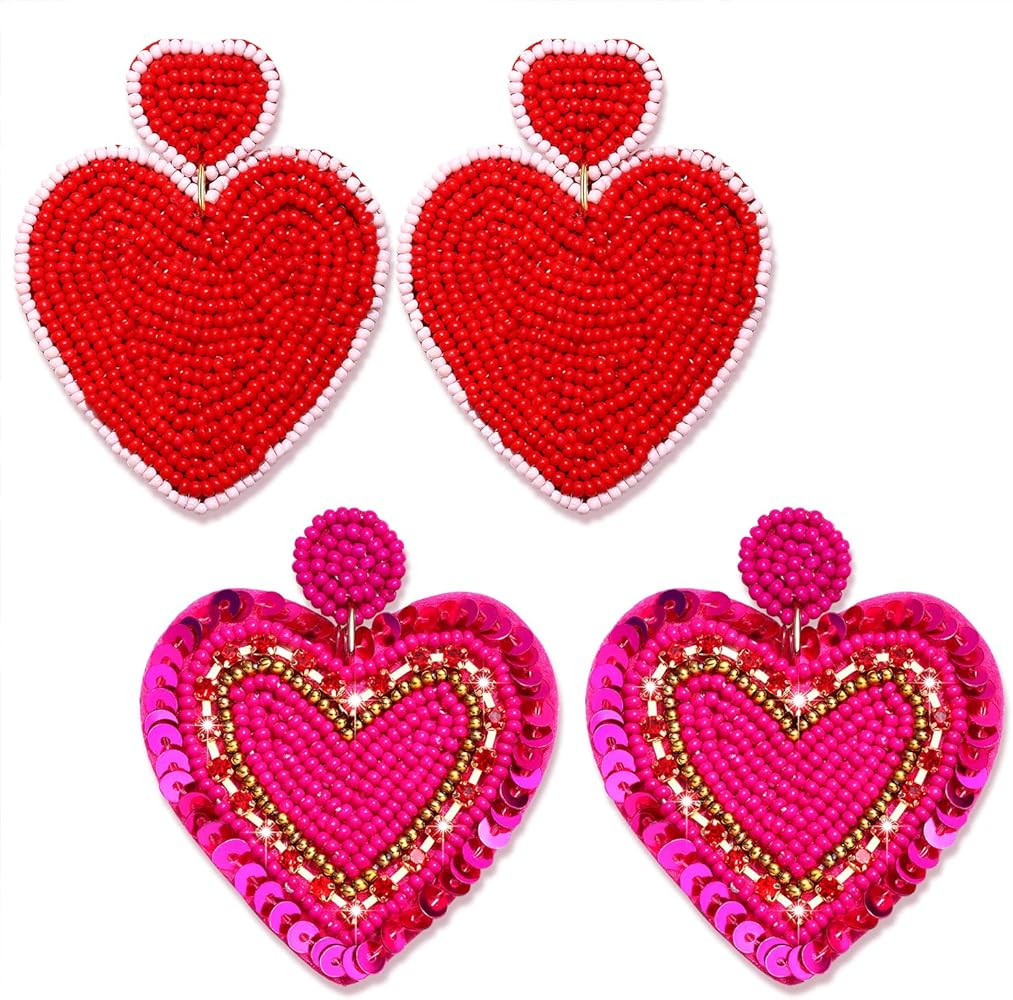YAHPERN 2 Pairs Beaded Heart Earrings Valentine’s Day Earring for Women Handmade Love Heart Dro... | Amazon (US)