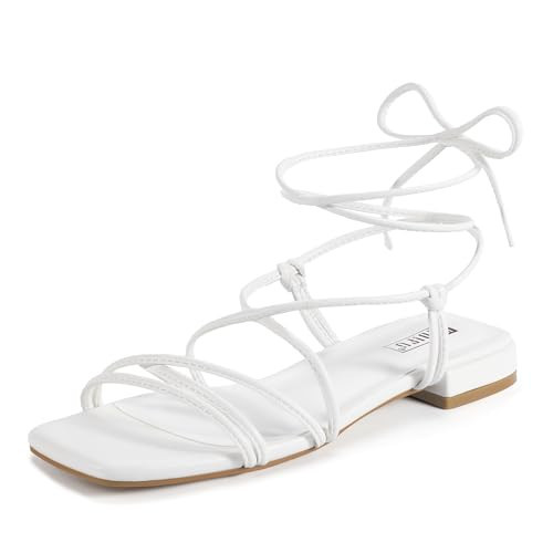 IDIFU White Strappy Flat Sandals for Women Lace Up Ankle Wrap Straps Tie Up Square Open Toe Gladiator Dressy Summer Beach Wedding Bridal Bride Comfortable Cute Casual Dress Sandals(White Pu, 6.5) | Amazon (US)
