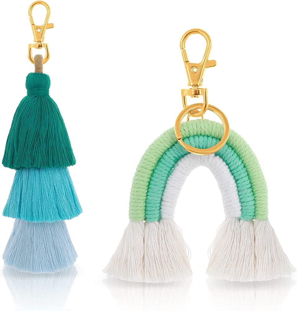 ABEILLO 2 Pieces Boho Rainbow Keychains Pom Pom Tassel Bag Charms Macrame Tassel Keychain Boho Rainb | Amazon (US)