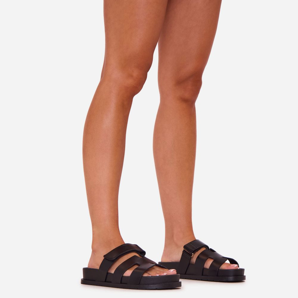 Martini Cut Out Velcro Strap Flat Slider Sandal In Black Faux Leather | EGO (UK)