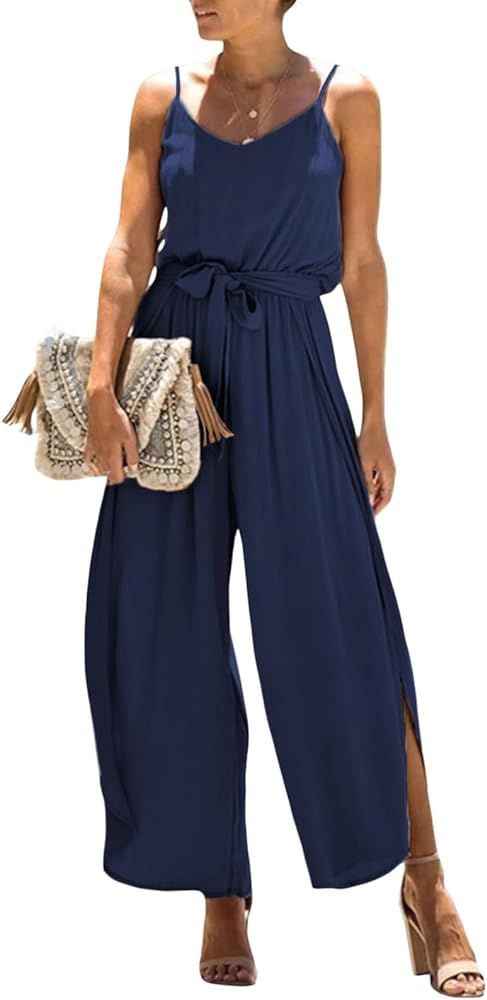 Happy Sailed Casual Jumpsuits for Women Spaghetti Straps Belted Split Wide Leg Pants Rompers Summ... | Amazon (US)