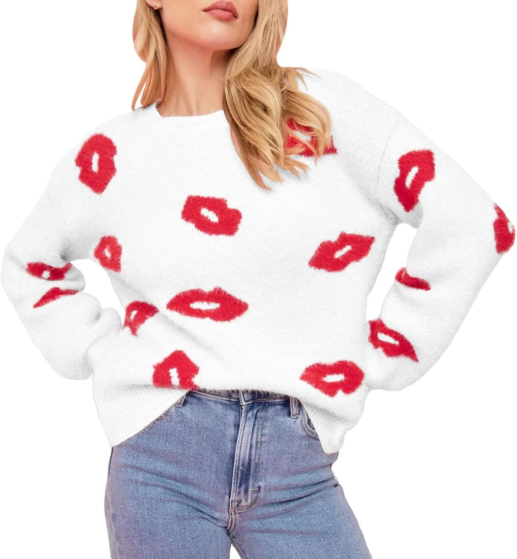 Virmoku Valentines Heart Sweater For Women Lip Valentines Gifts For Her Cute Lips Lo... | Amazon (US)