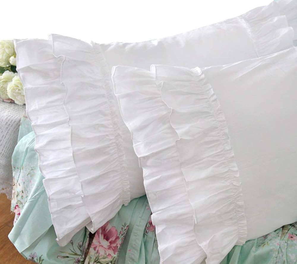 White Ruffle Pillow Shams Cotton Shabby Pillowcases Feminine Pillow Cover Standard Size Set of 2 | Amazon (US)