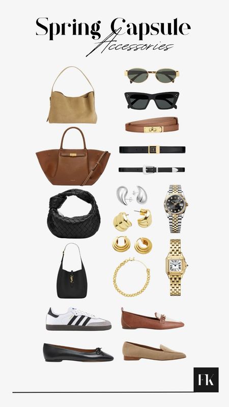 A Spring Capsule Accessories Wardrobe, including tan accessories and handbags, black handbags and belts, ballet flats, loafers, Adidas Sambas trainers, sunglasses and gold jewellery
