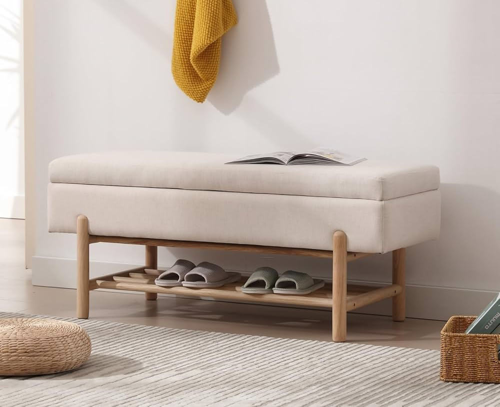 Modern Entryway Bench Upholstered Flip-Top Shoe Storage Bench Linen Fabric Ottoman Bench End of B... | Amazon (US)
